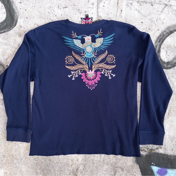 Johnny Was Sisa Navy Floral Embroidered Thermal Waffle Knit Henley Top, XL - Picture 6 of 9